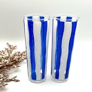 2 Libbey Blue Awning Stripe Tom Collin’s Glasses, 1950s